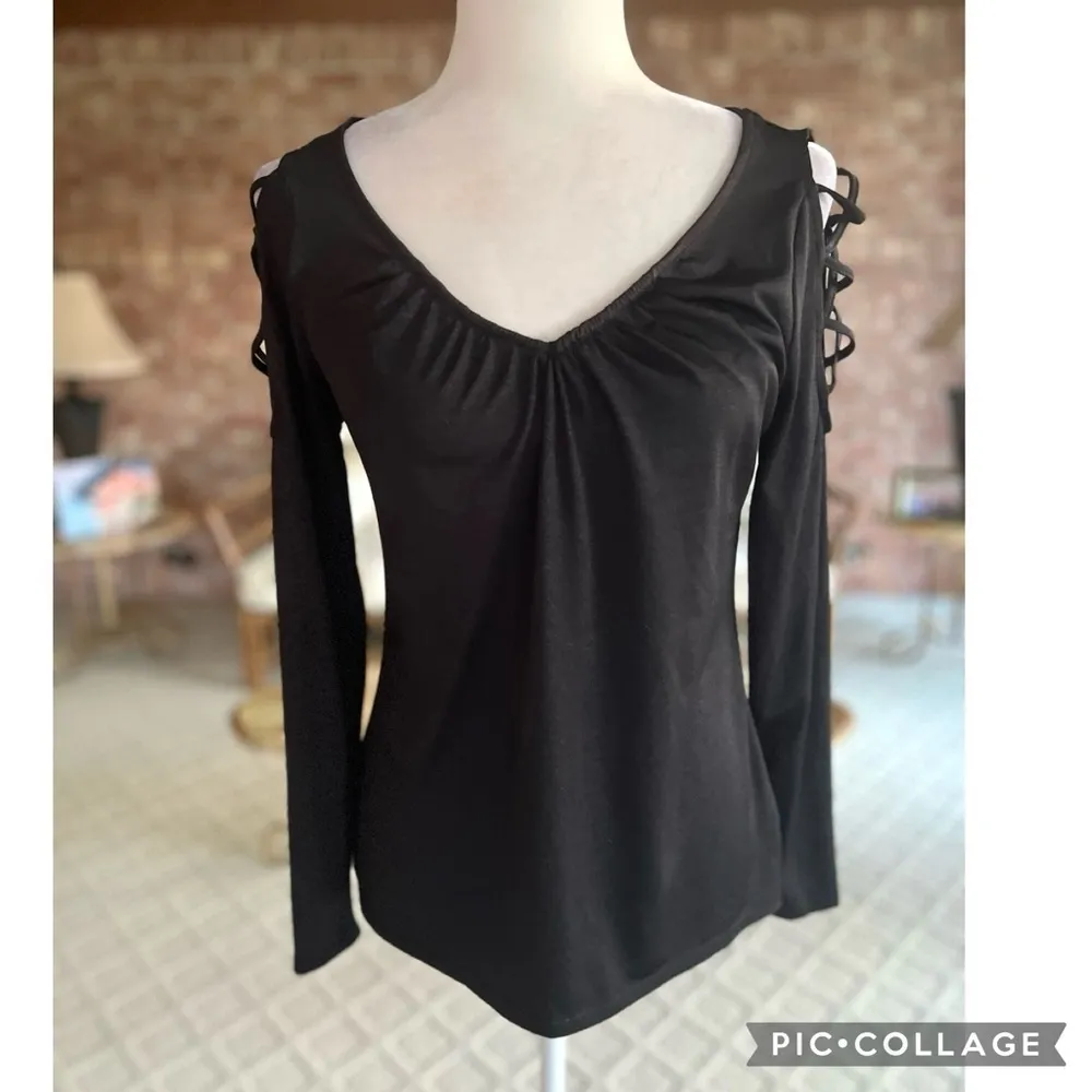 Jennifer Lopez Top Black Lattice Sleeve Metallic Shimmer Top S Cocktail Party - Image 3