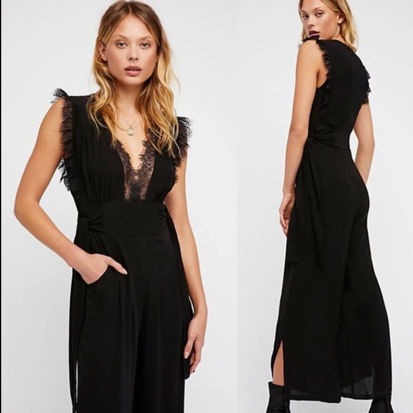 FREE PEOPLE CEM Black Sleeveless Lace Trim Deep V Cinch Waist Wide Leg Jumpsuit - Image 2