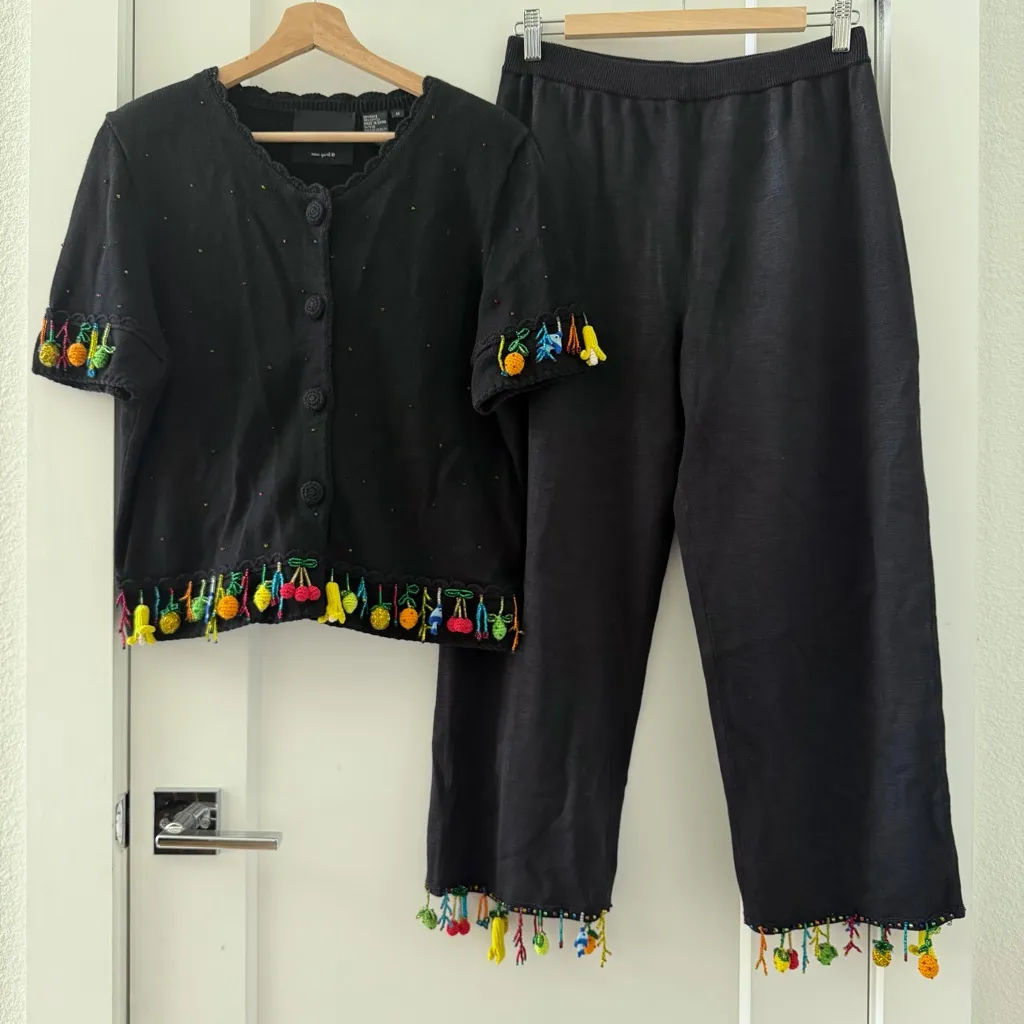 Vintage Michael Simon Black Short Sleeved Sweater Sets Beaded Fringe Fruit Sz M Size M - Image 2