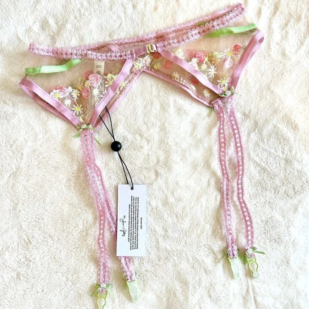 NWT For Love & Lemons Tutti Frutti Shimmer Pink Floral Garter Belt - Small - Image 6