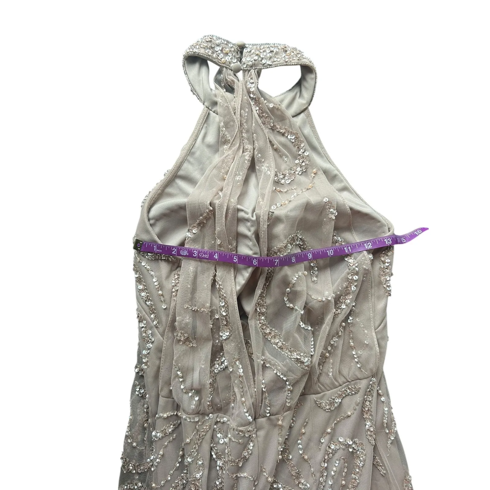 Adrianna Papell Platinum Style No. 40284 Embellished Halter Neck Gown Taupe 12 Tan - Image 8