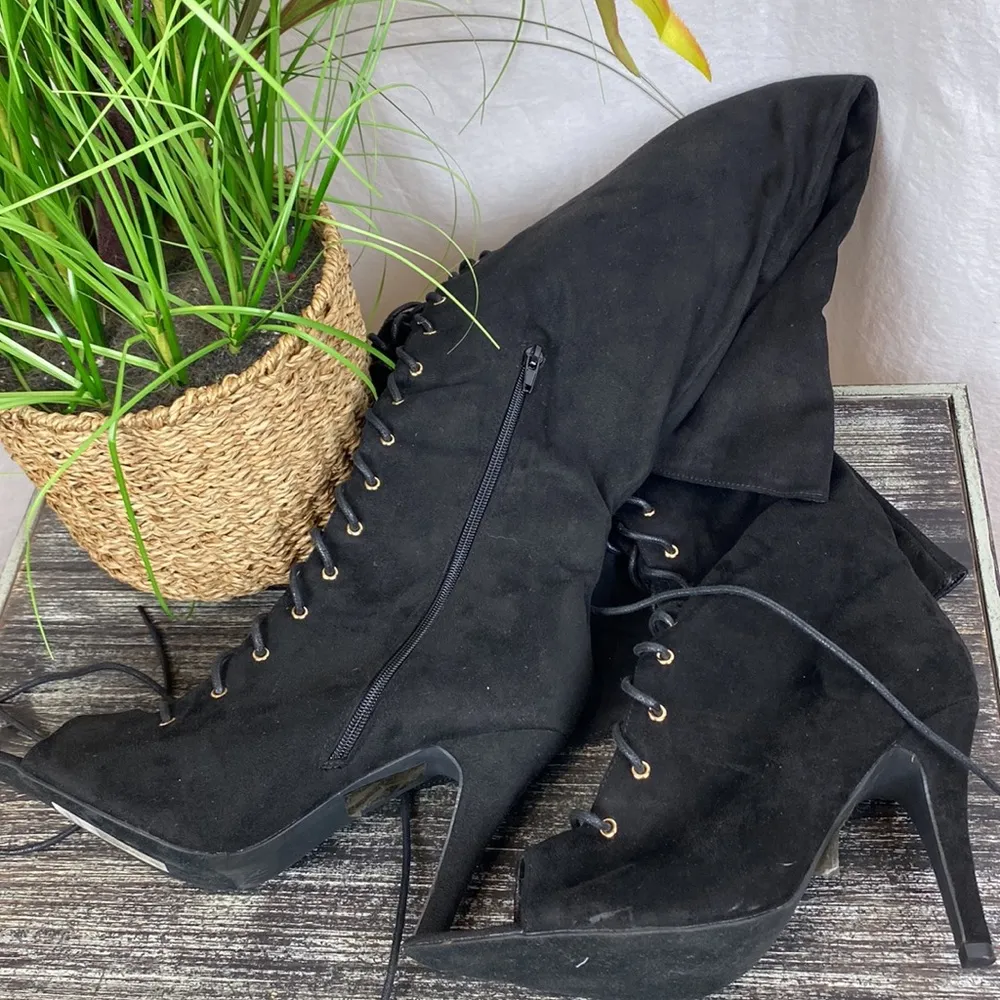 FTF Nadia Black Faux Suede Lace Up Thigh High Heel Boots 11 Wide - Image 6