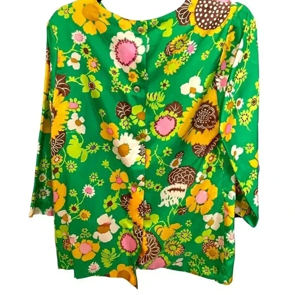 Vintage NWT Green Flower Floral Print 70s Blouse Top - Image 2