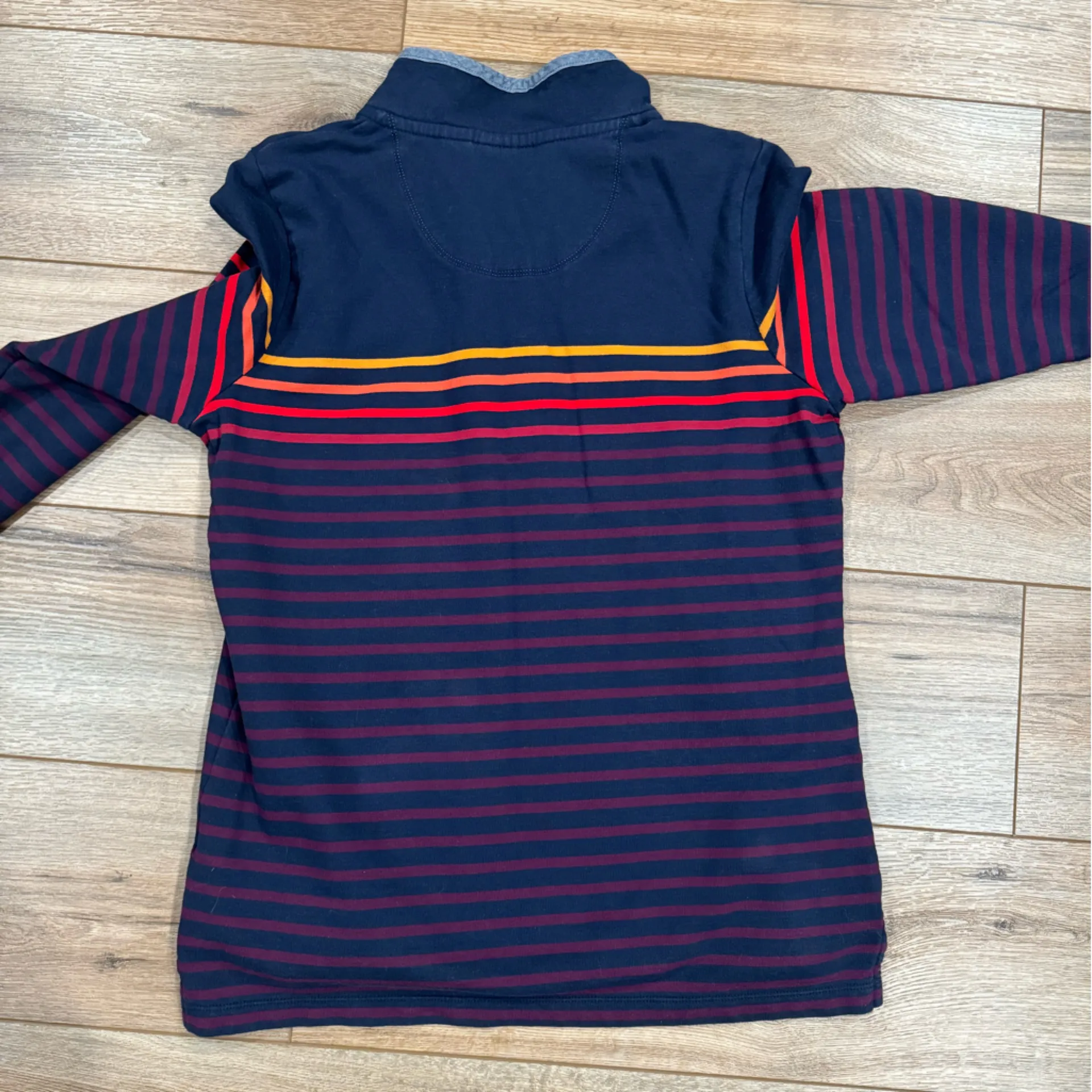 LL BEAN Navy W/ Red Orange Yellow Stripes Quarter Button Up Long Sleeve Tee - Image 3