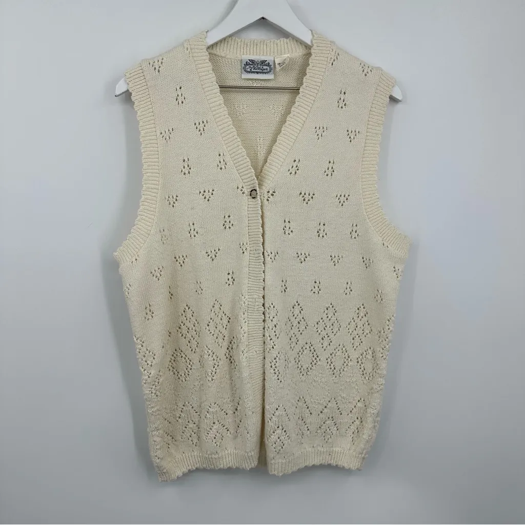 Vintage Y2K Cream Sweater Vest Cardigan Size Small Boho Coquette Fairycore - Image 2