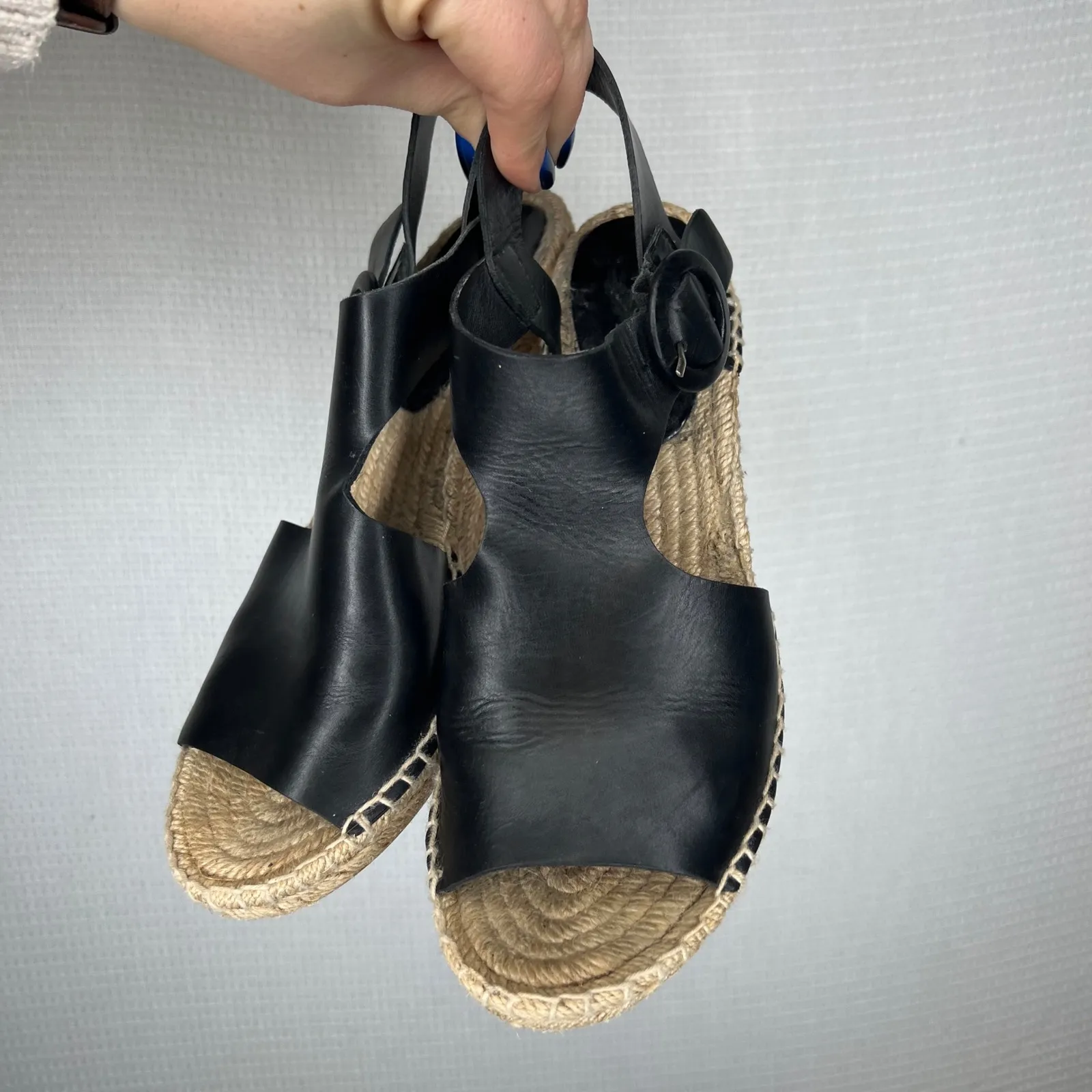Via Spiga Black Leather Espadrille Wedge Sandals Women's Size 8M Made in Spain - Image 3