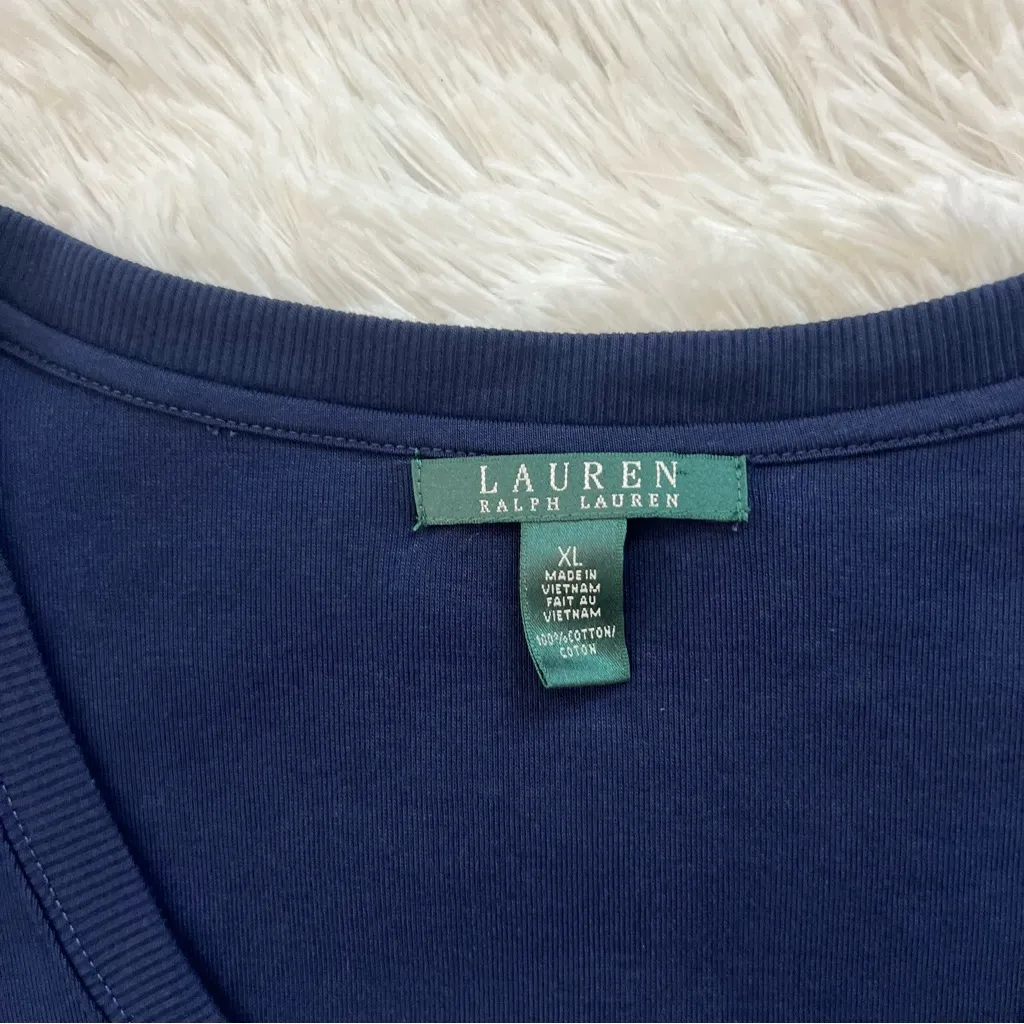 Lauren Ralph Lauren Blue Cotton V-Neck 3/4 Sleeve Sweater Top Size XL - Image 4