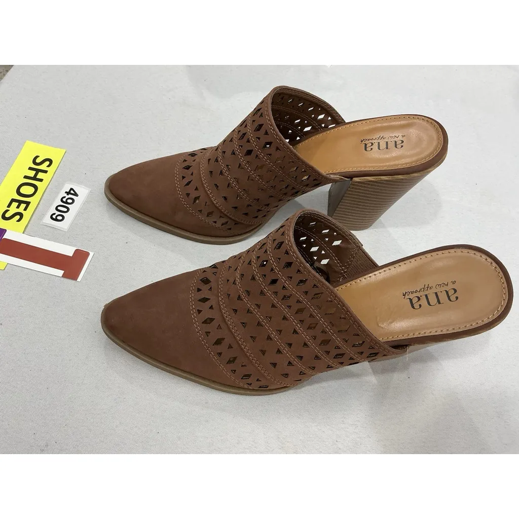Womans ANA Slip On Mules 8 Brown Vented Pointed Toeblock Heel - Image 3