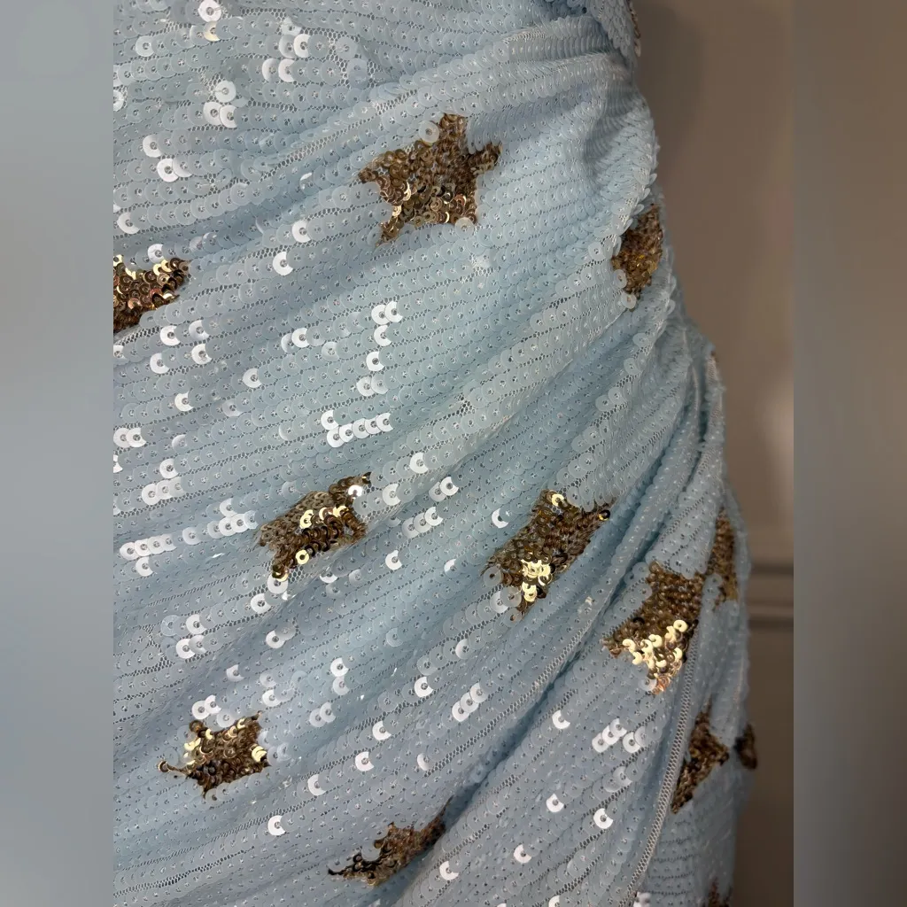 Revolve Super Down Dina Mini Dress Sz S Light Blue Gold Star Ruching @ Waist - Image 9