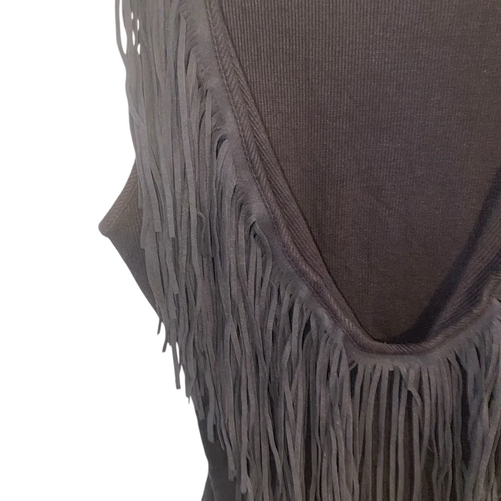 ANGL Black Fringe Sleeveless Body Suit plunging neck boho western cowgirl top - Image 4