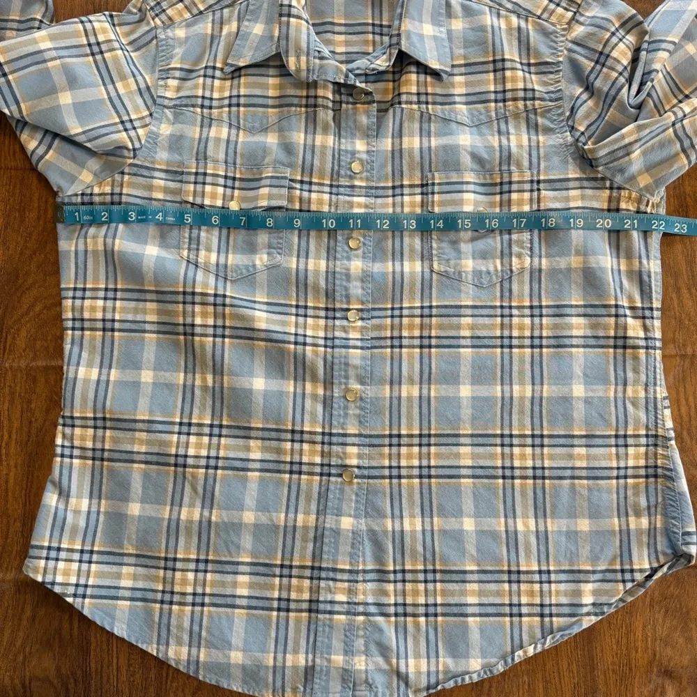 NWOT Women’s Rockies Western Yoke Pearl Snap Plaid Shirt XL Blue Tan - Image 6