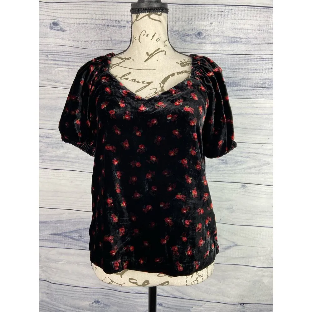 Loft Puff Sleeve Velvet Top Womens XXSp Petites Sweetheart Neck Floral - Image 2