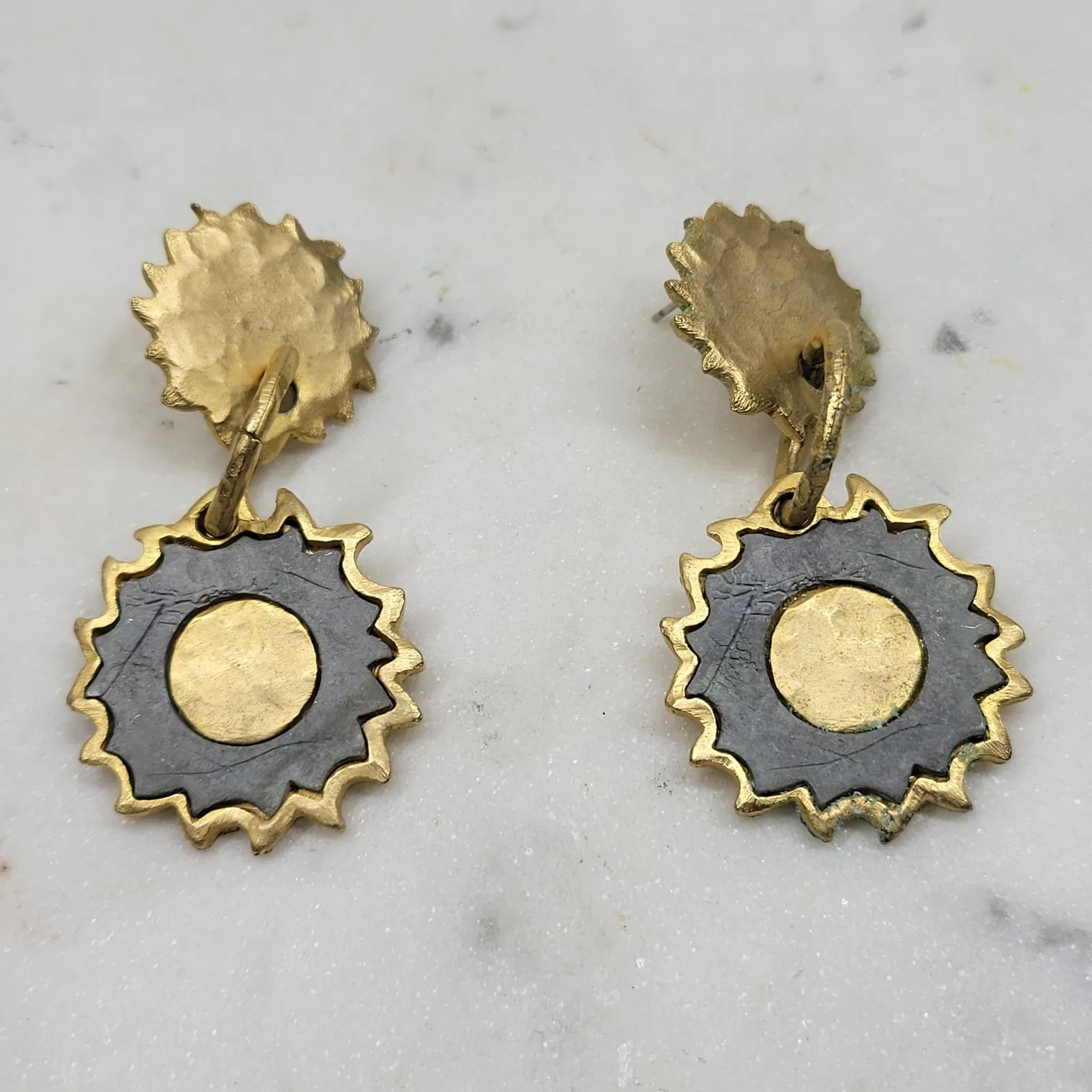 Vintage Sunburst Dangle Earrings Womens Gold Brass Handmade Celestial Statement - Image 16