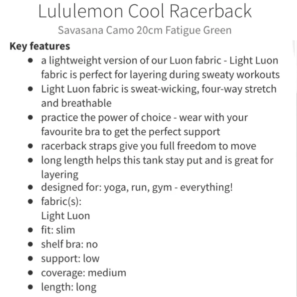 LULULEMON CRB Cool Racerback Savasana Camo 20 cm Fatigue Green Tank  Top Size 8 - Image 14