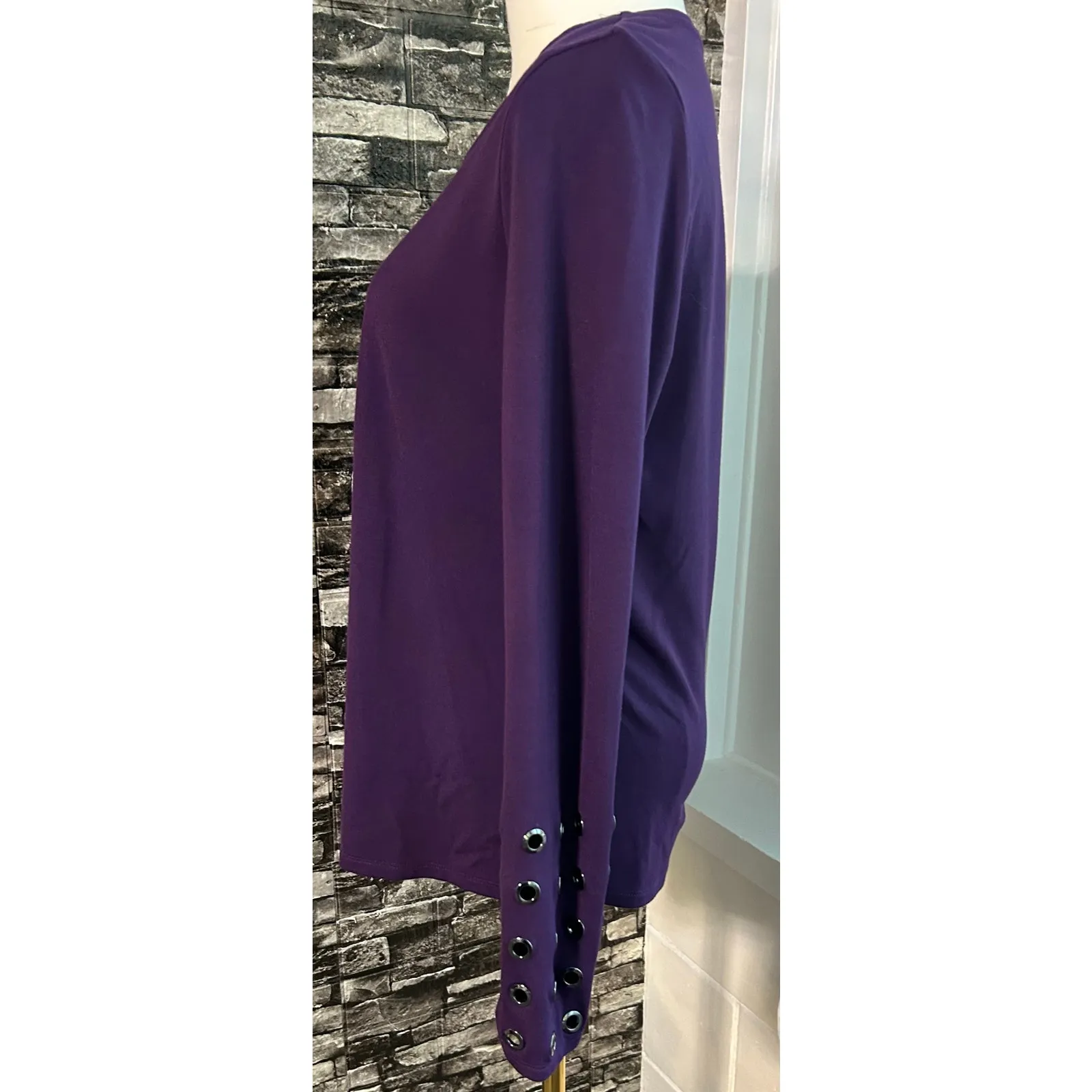 Halston Beautiful Dark Purple Top W/ Metallic Black Grommets Medium Boho - Image 3