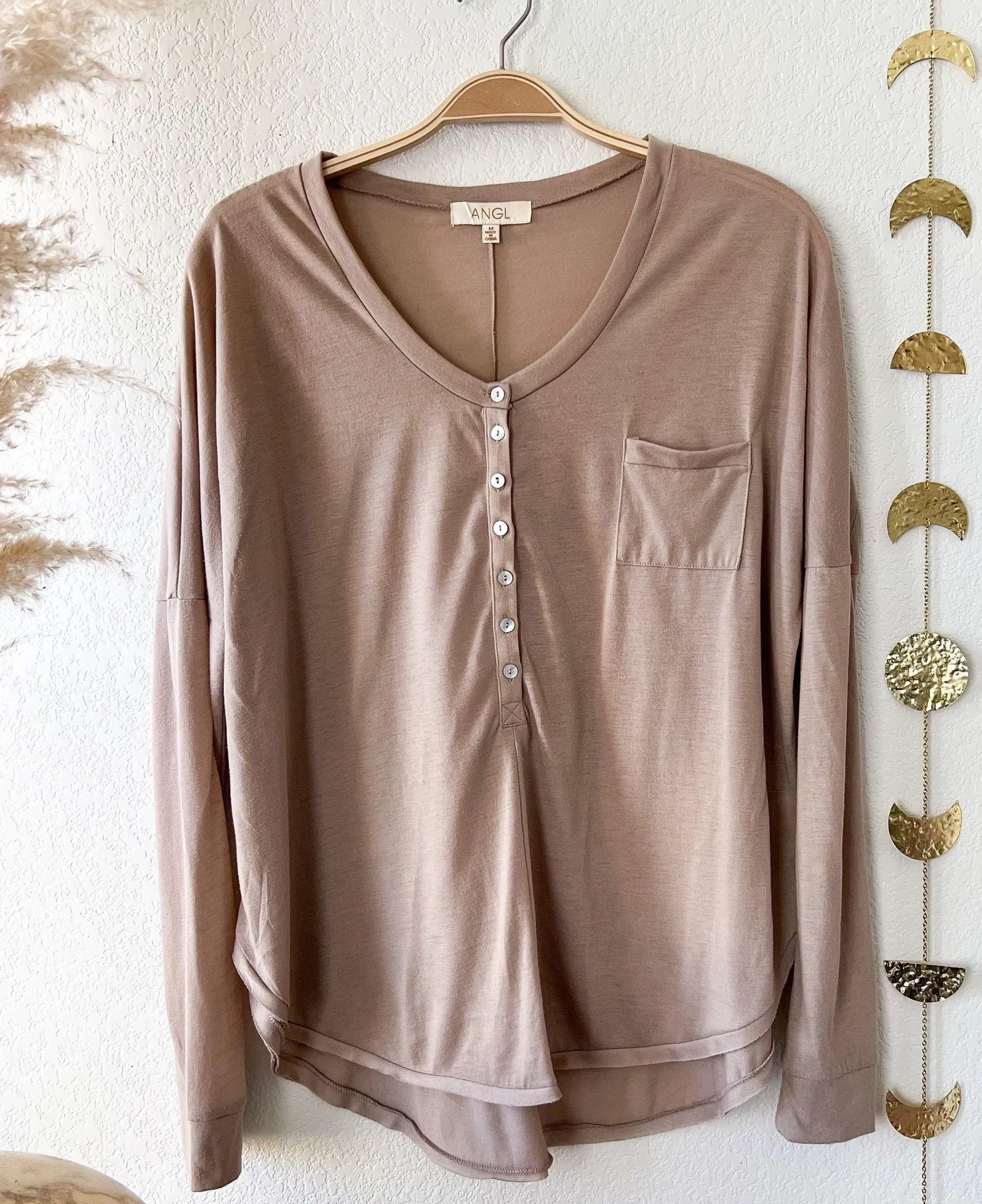 Taupe Henley Half Button Up Scoop Neck Long Sleeve Top - Image 12