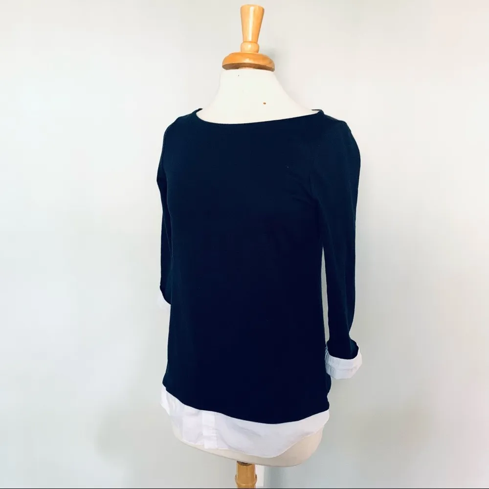 Loft  Navy Blue Pullover Sweater with Faux White Shirt Sz M Petite - Image 3