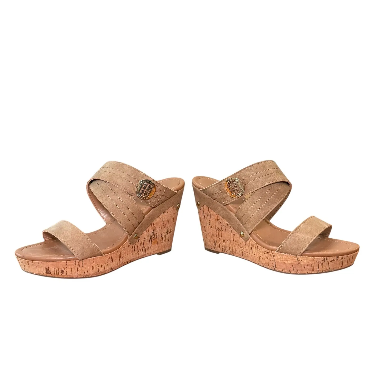 Tommy Hilfiger‎ Women's Beige Faux Leather Cork Wedge Heels Platform Sandals 10M - Image 7