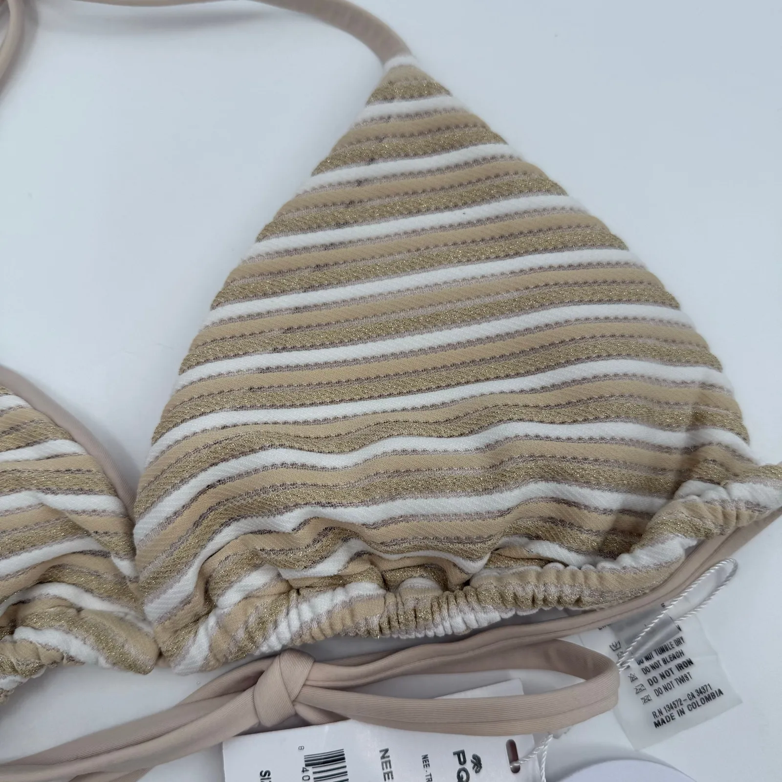 PQ SWIM PILYQ Bikini Top Size Large NWT New Earth Triangle Tie Stripe String White - Image 10