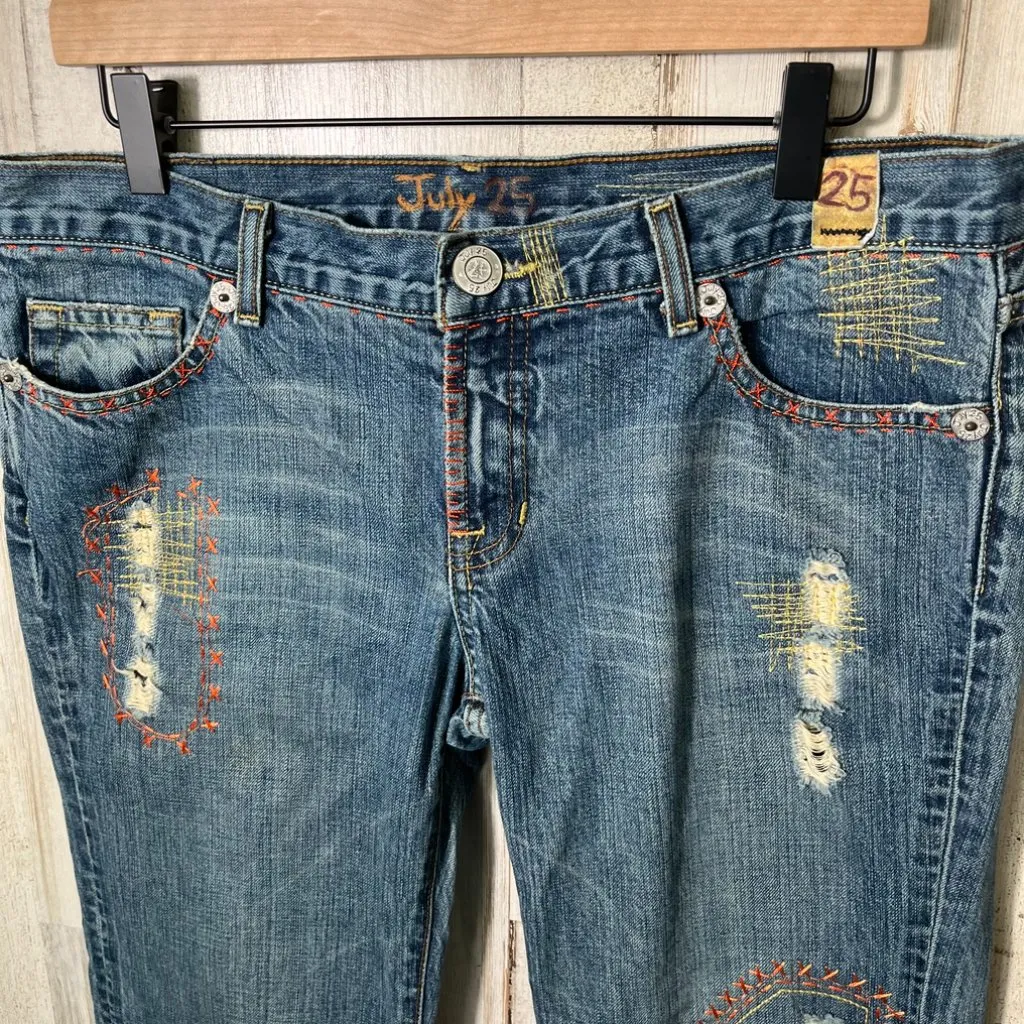 Vintage Y2k July 25 Patchwork‎ Boho Embroidered Distressed Flare Jeans Womens 31 Blue - Image 3