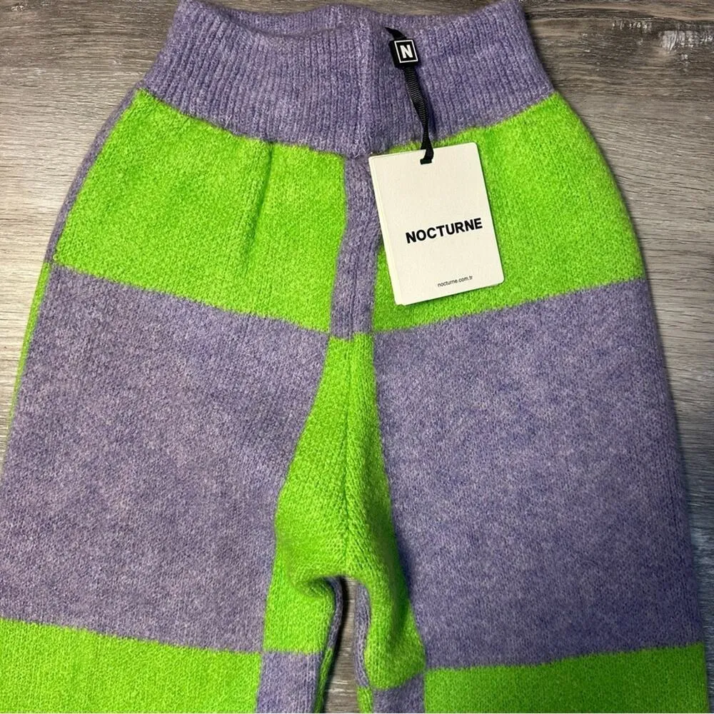 Nocturne Lime Green & Gray Check Wide Leg High Waisted Sweater Pants NEW - Image 2