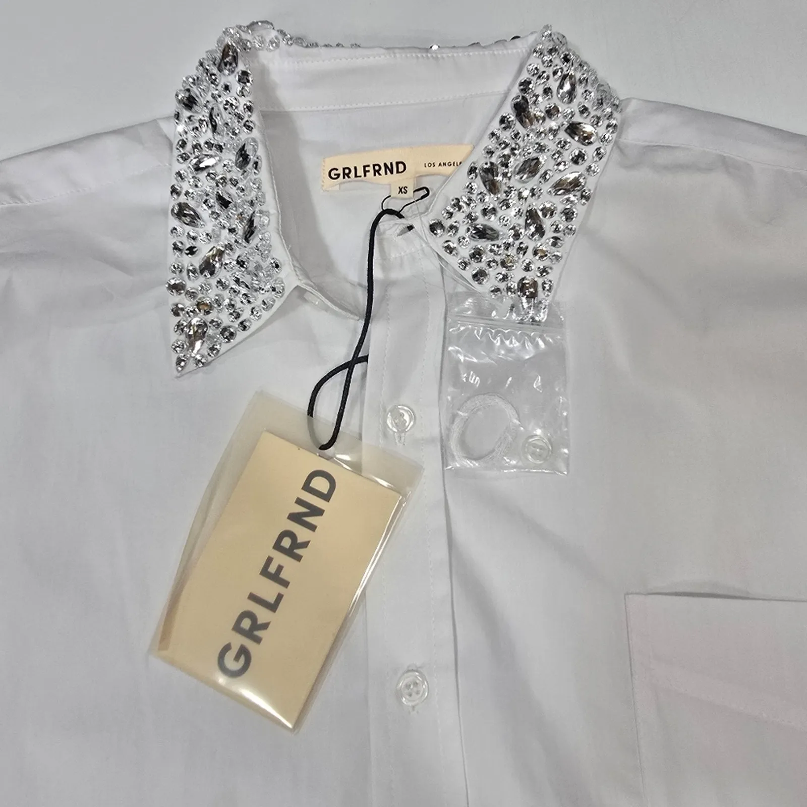 GRLFRND Alessandra Oversized Shirt with Jeweled Collar in White XS - Image 5