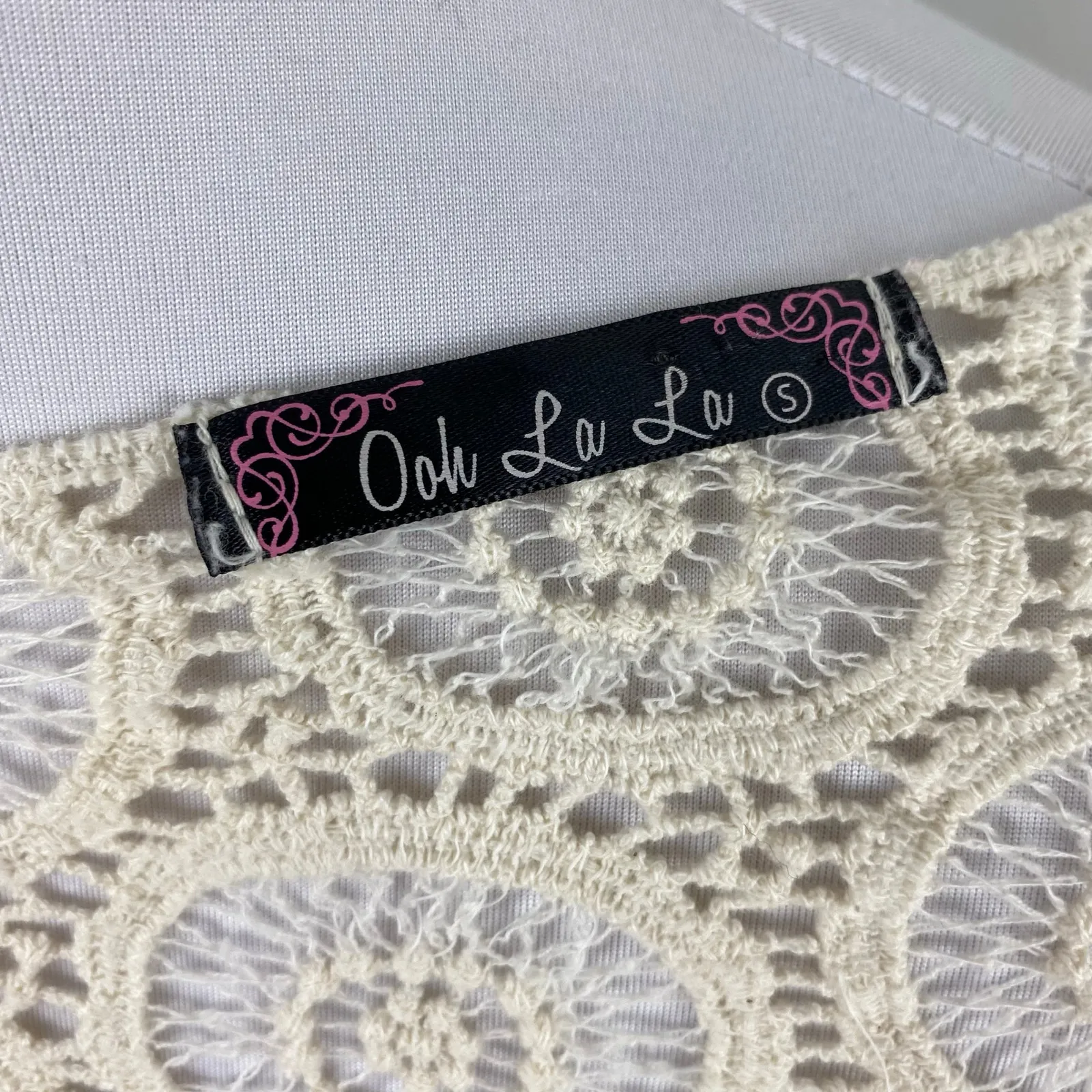 Ooh La La Ivory Open Crochet Fringe Blouse Top Small - Image 7