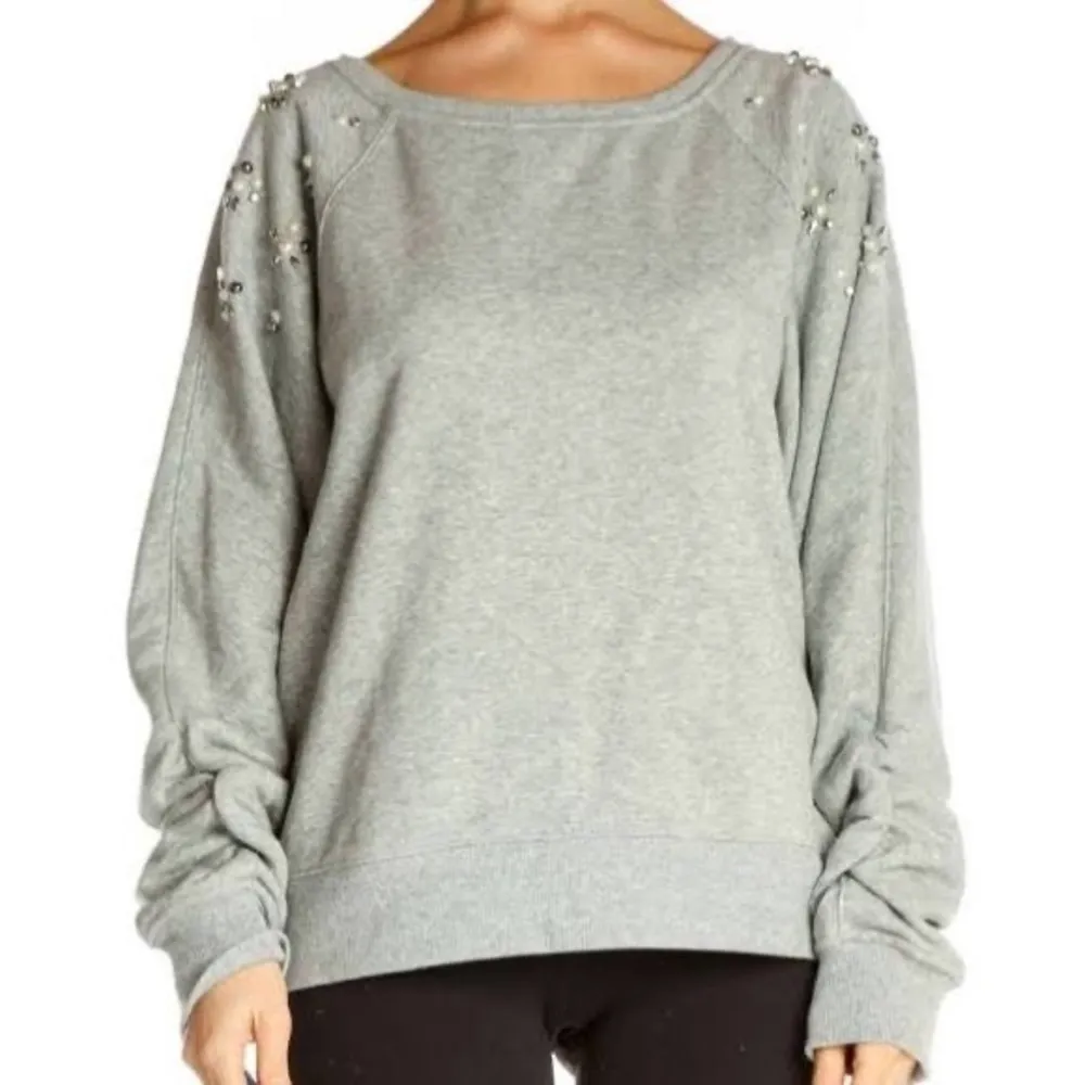 Stella & Dot Embellished Gray Sweatshirt Sz.S Rushed LS Faux Pearl Grommets - Image 5
