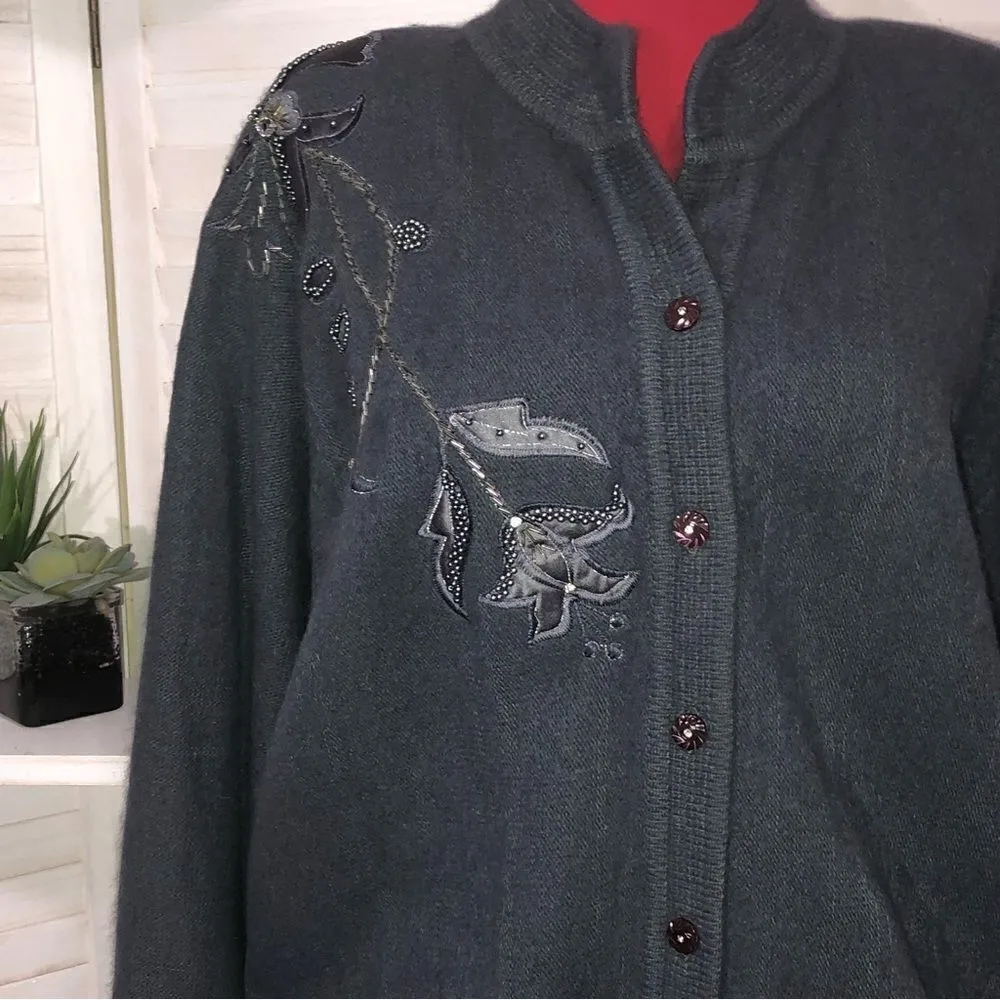 Vintage 80s 90s Gray Embroidered Knit Cardigan Floral Appliqué Medium - Image 8