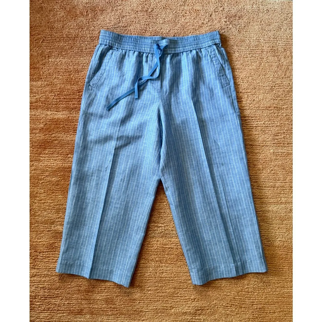 NWOT Talbots Blue Pinstripe Linen Blend Drawstring Crop Pants Size L - Image 2