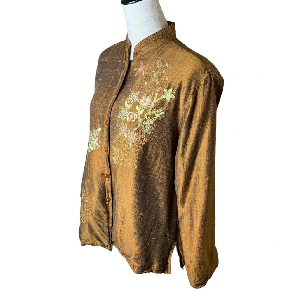 Vintage Coldwater Creek Silk Dupioni Embroidered Mandarin Collar Jacket Artsy - Image 5