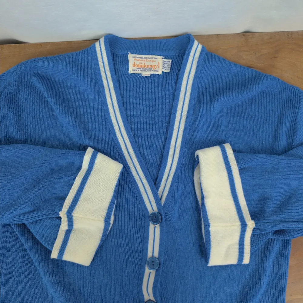70's Ladies' Two Tone Cardigan Button Up Sweater Blue Size M - Image 3