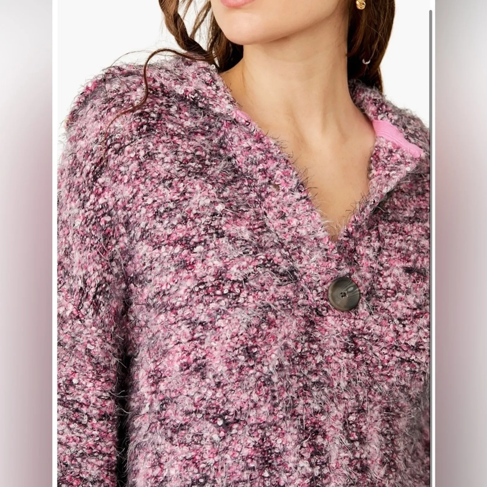 Free People Stellar Knit Pullover Sweater Pink Boucle Collared Button Small NWT - Image 8