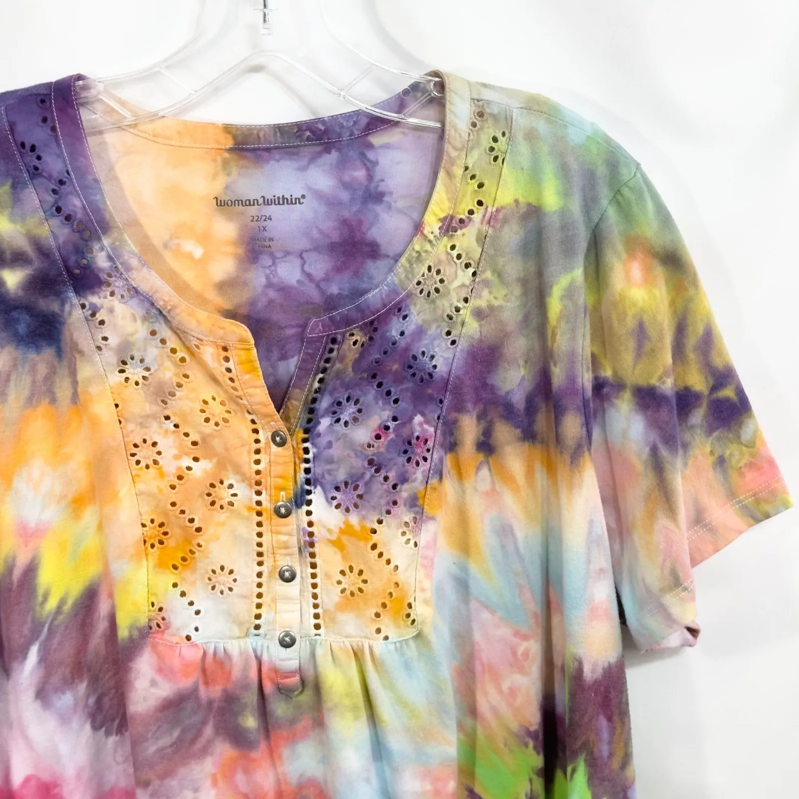 Woman Within Plus Size 22W 24W Top 1X Handmade Tie Dye Eyelet Short Sleeve 720 - Image 6