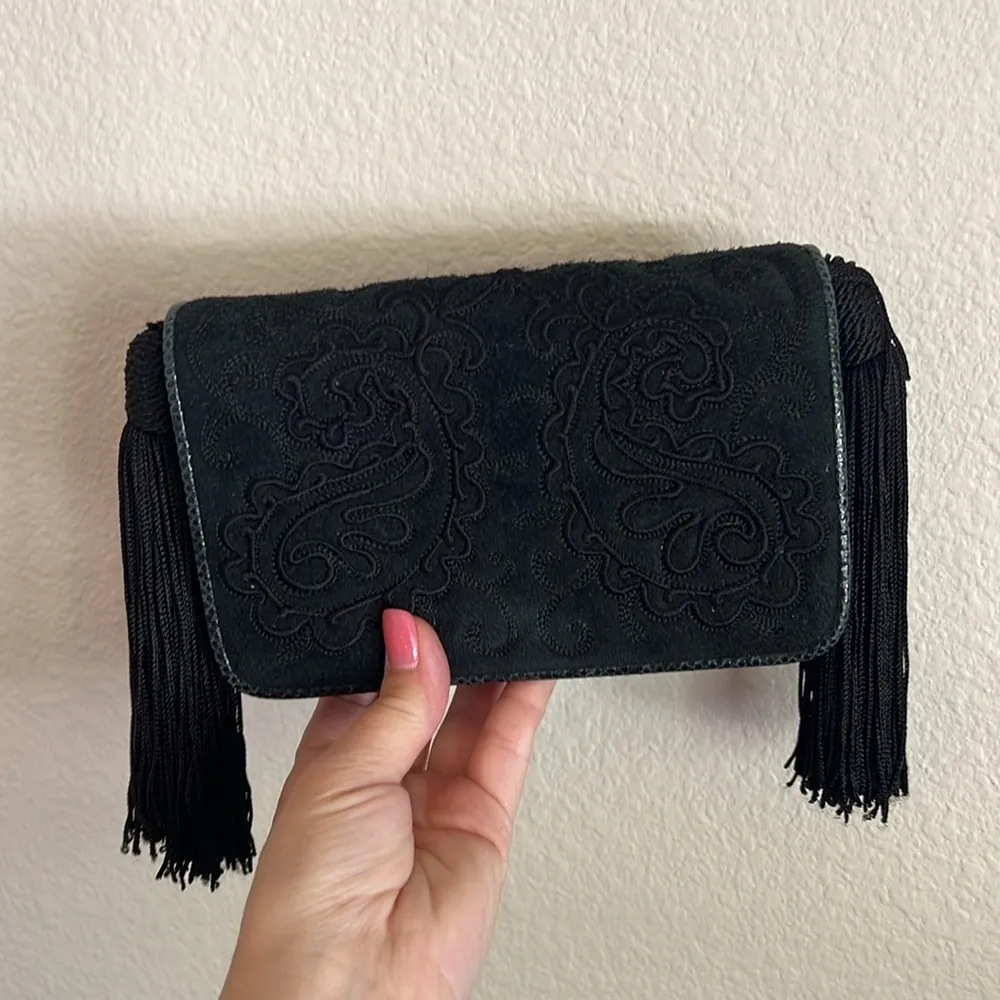 Judith Leiber vintage embroidered Suede evening mini bag with tassles, black - Image 14