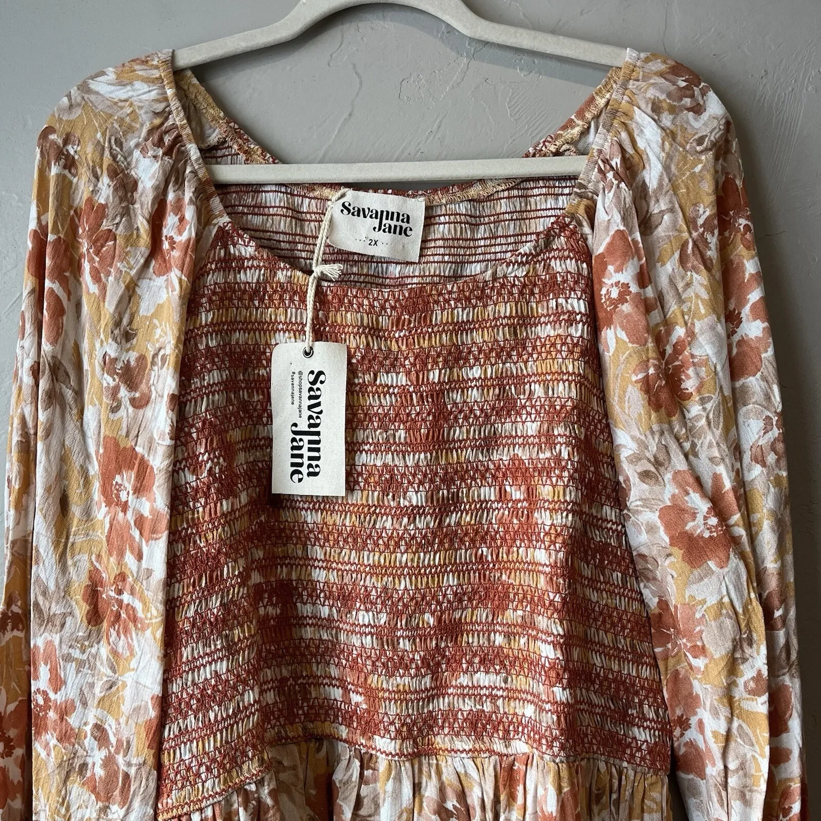 Women's Top Floral Boho 2x Smocked Coquette Cottage Bohemian Peasant Milkmaid Orange - Image 3