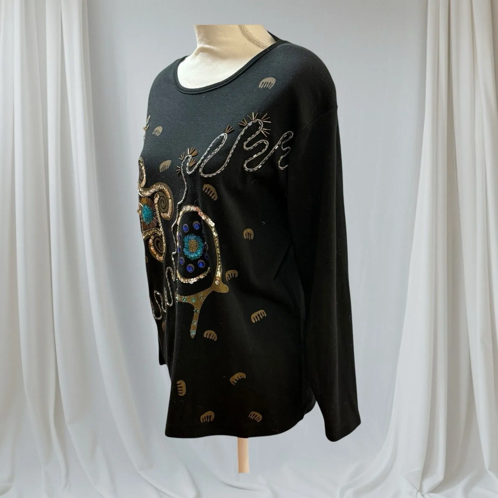 Womens Vintage Sweater Black Blue Sequins Beaded geometric Size M - Image 4