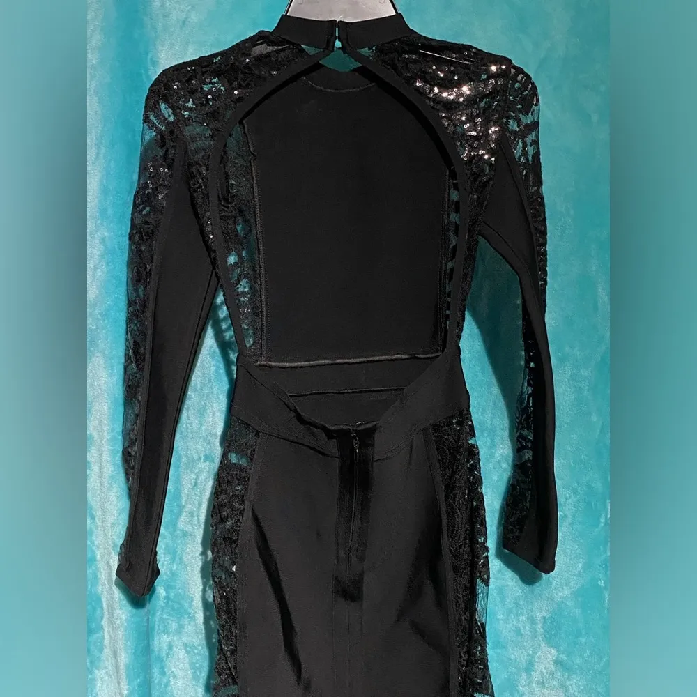 Alyce Paris x-small elegant black party dress. Long sleeves with open back. - Image 6