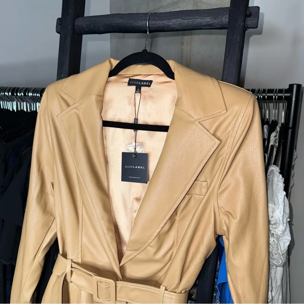 JLUXLABEL Camel Faux Leather One Button Front Belted Blazer Jacket - Image 2
