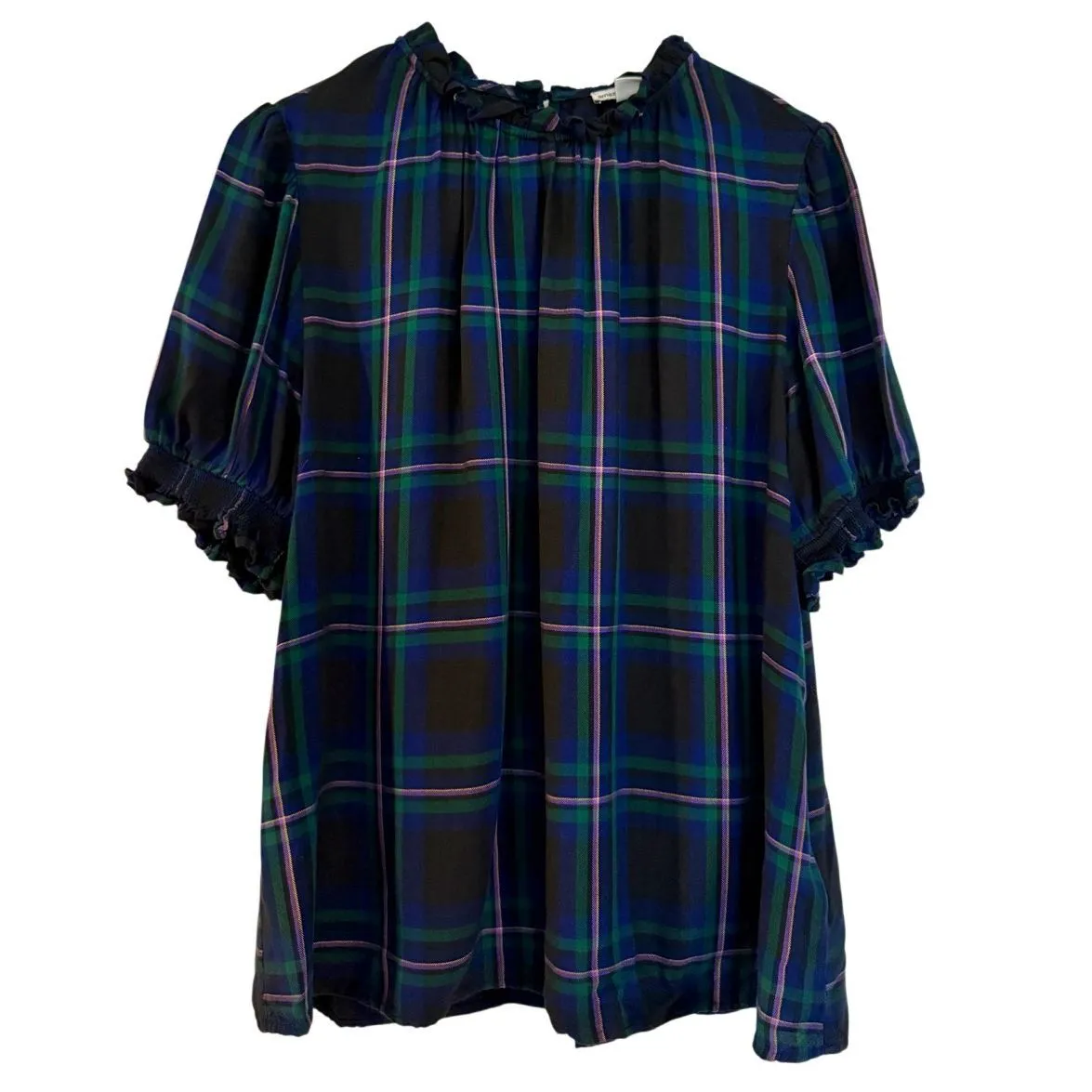 Amazon Essentials plaid ruffle neck flannel top size large Blue - Image 3