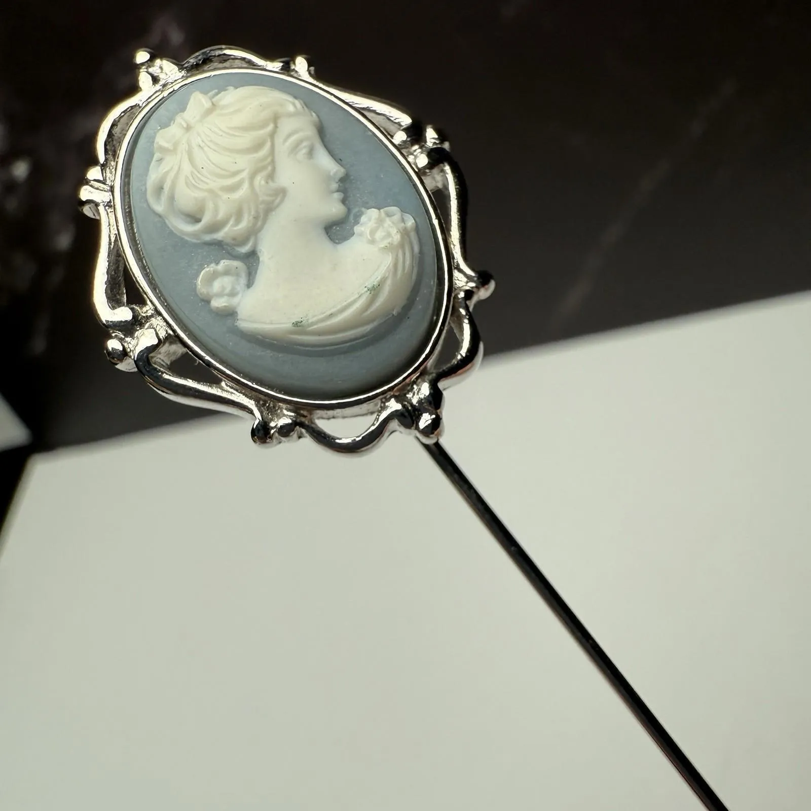 Signed Trifari Blue Cameo Face Of Lady Silver Tone Lapel Stick Pin - Image 9