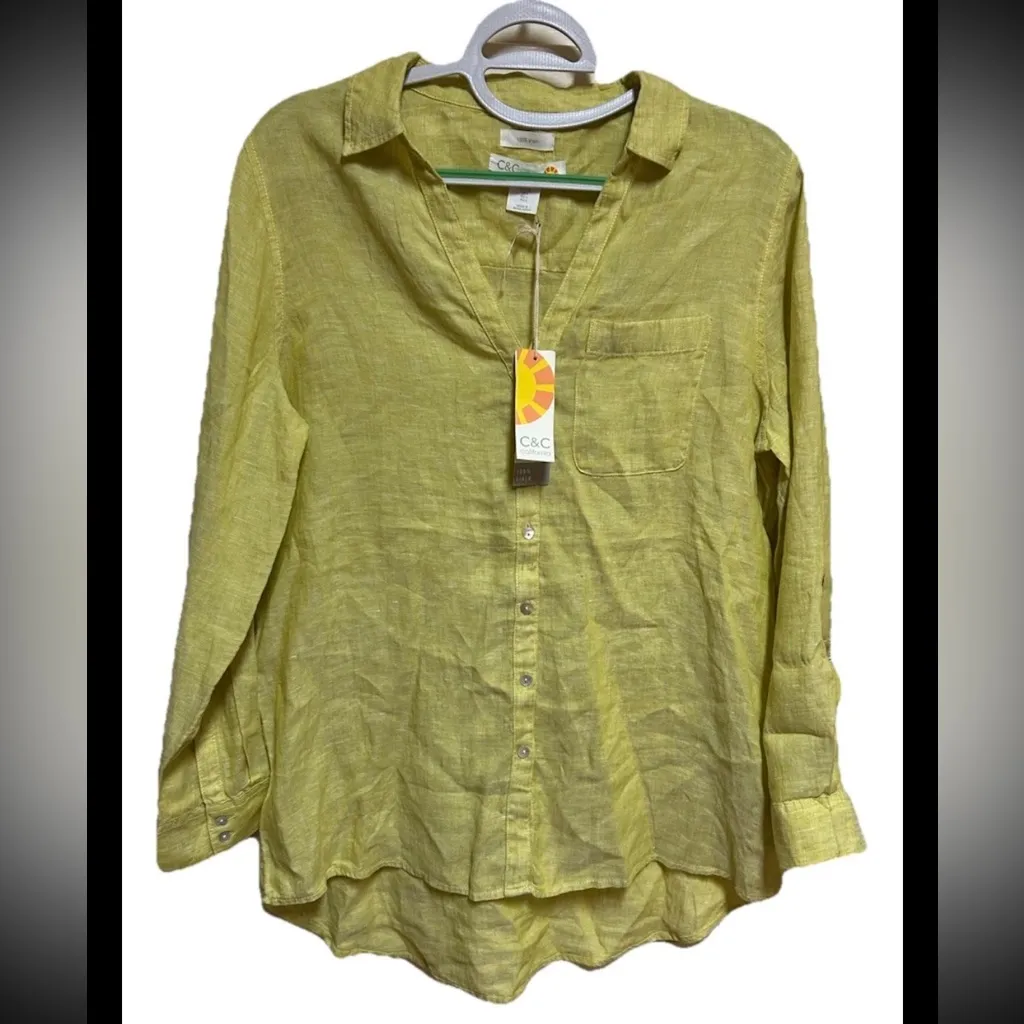 C&C California Blouse Shirt 100% Linen Size Large Yellow Roll Tab Sleeve NWT - Image 6