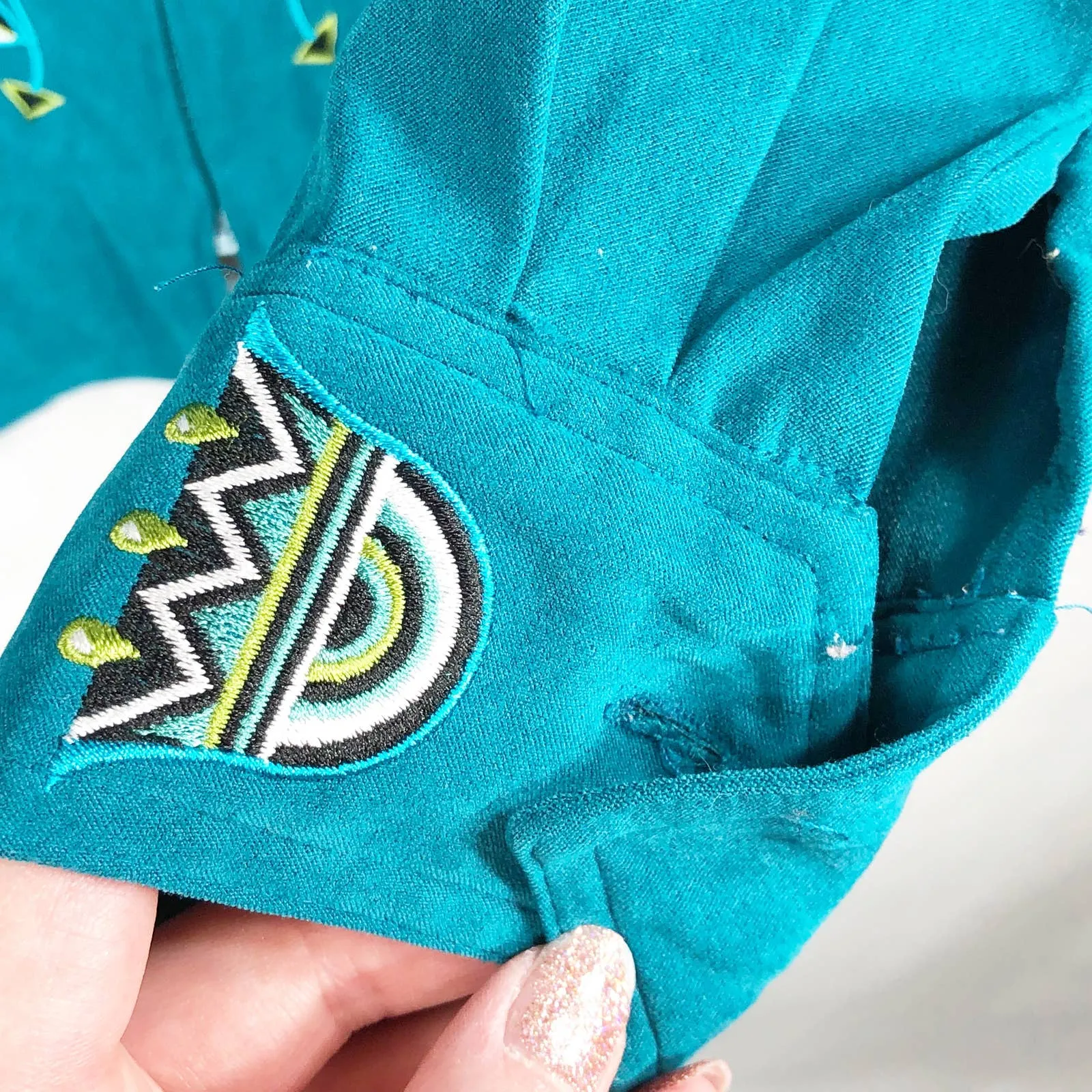 Bob‎ Mackie Plus Size 1X Jacket Green Embroidered Wearable Art Blue White 1337 - Image 6