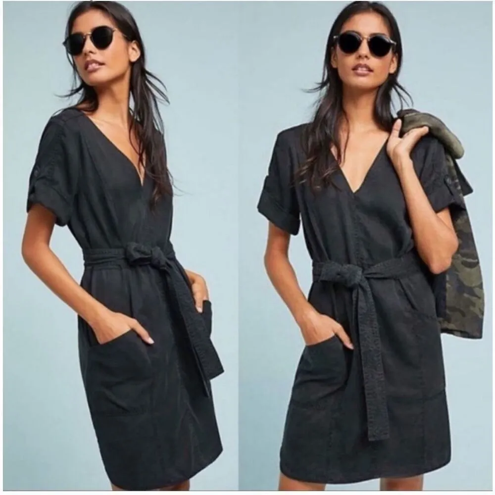 Anthropologie Pilcro And The Letterpress‎ Womens V-Neck Belted Dress Black Small - Image 2