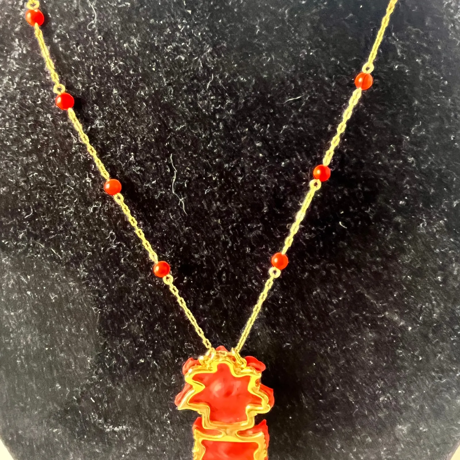 Y2K Joan Rivers Coral Enamel Pendant Necklace Gold Tone Chain Retro Rhinestone Red - Image 7