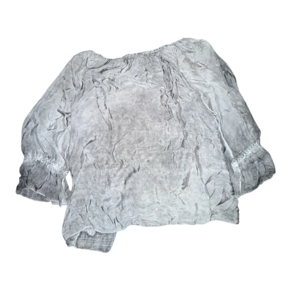 Tempo Paris Small Gray Boho Embroidered Bell Sleeve Tunic Top - Image 5