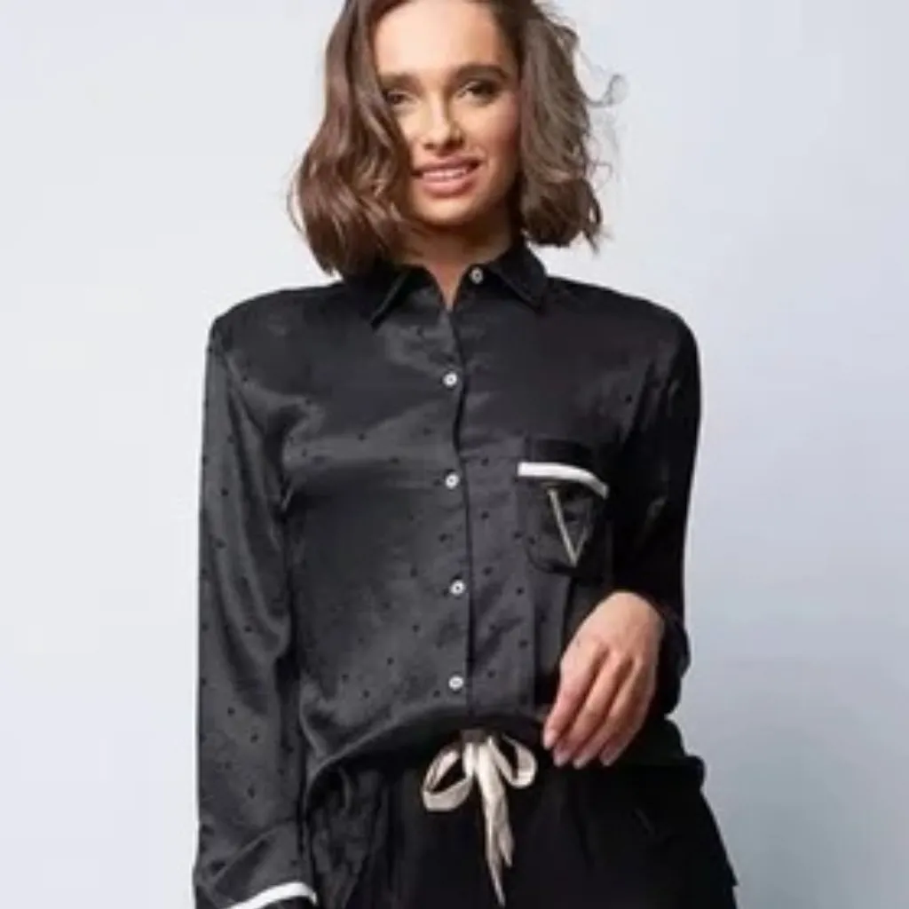 Victoria's Secret‎ Black Satin Striped Button Down Pajama Shirt Womens Size M - Image 2