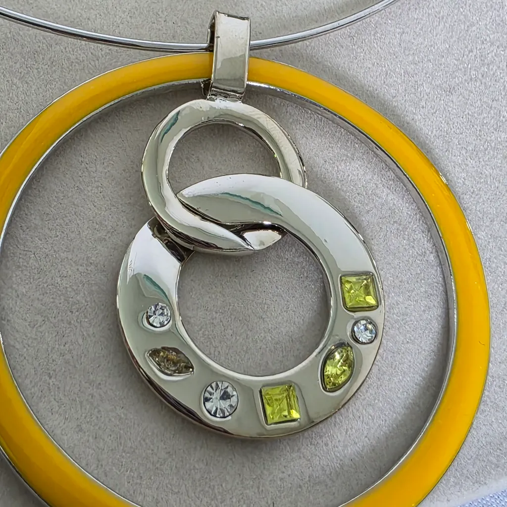 Silver Choker Necklace with  Yellow Enamel Circle Pendant and Earrings Set - Image 4