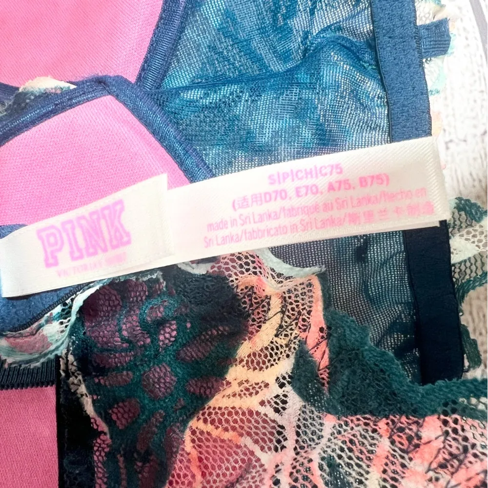 VS PINK Teal Tropical Date Night Push Up Wireless Racerback Lace Bralette Small - Image 11