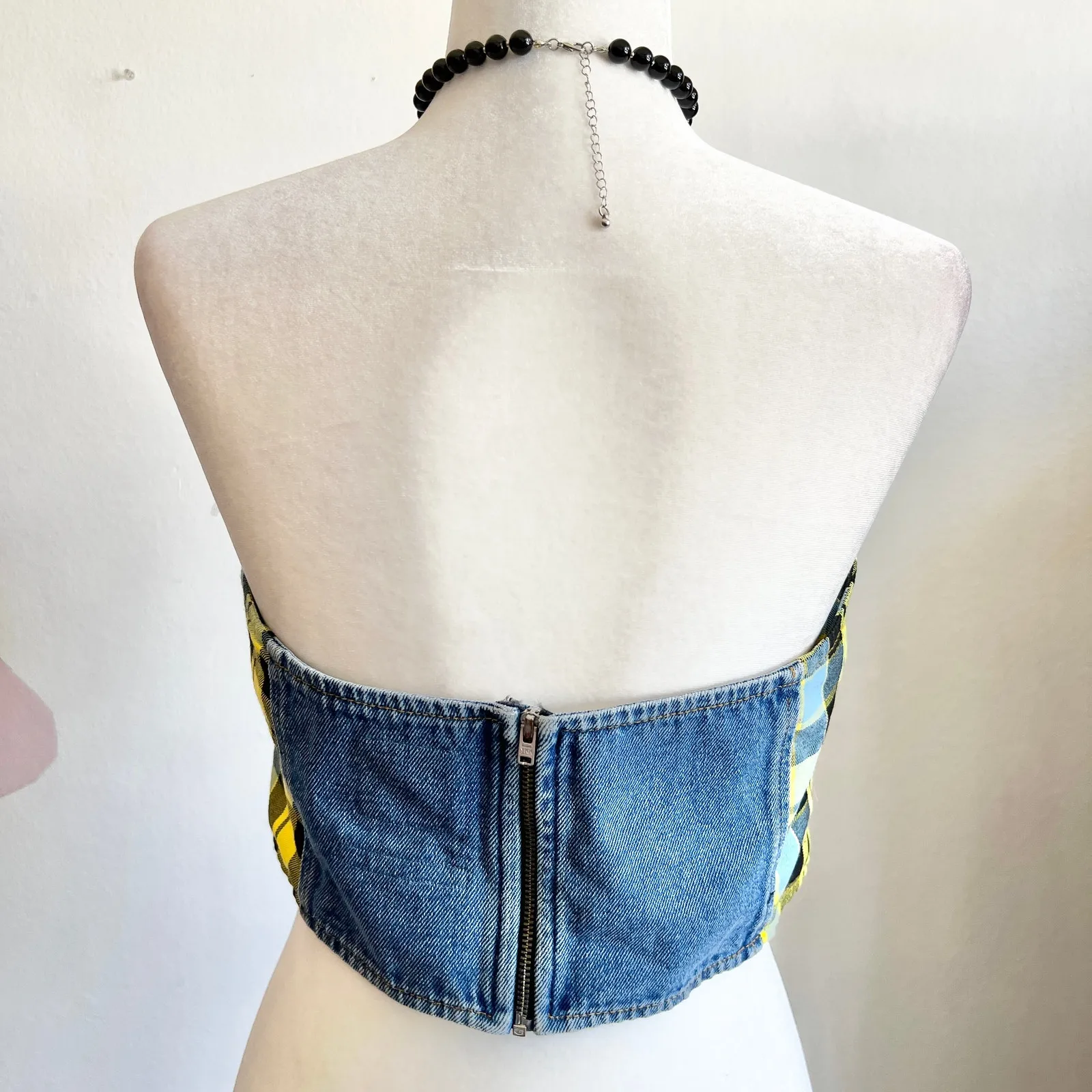 Denim Plaid Corset‎ Top, Grunge Y2K Punk Mall Goth Medium Indie Sleaze - Image 2